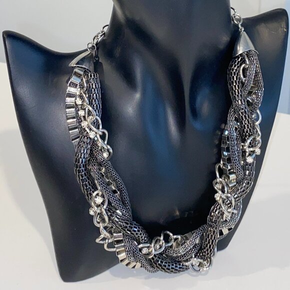 Twisted Multi-Strands Silver Tone Chain Necklace Rhinestones Metal Rope Gothic - Picture 1 of 9